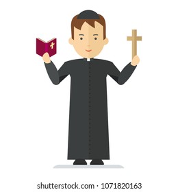 Catholic priest. Pastor reads prayer, holds cross, bible and gospel, bless parishioners. Flat vector cartoon illustration. Objects isolated on a white background.