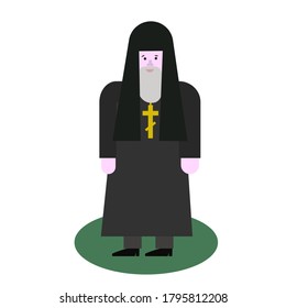 Catholic priest. Pastor reads prayer, holds cross, bible and gospel, bless parishioners. Flat vector cartoon illustration. Objects isolated on a white background.