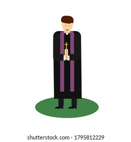 Catholic priest. Pastor reads prayer, holds cross, bible and gospel, bless parishioners. Flat vector cartoon illustration. Objects isolated on a white background.