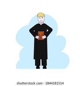 Catholic priest. Pastor reads prayer, holds cross, bible and gospel, bless parishioners. Flat vector cartoon illustration. Objects isolated on a white background