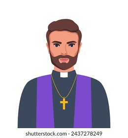 Catholic priest portrait. Catholic priest in a cassock with a cross. Vector illustration