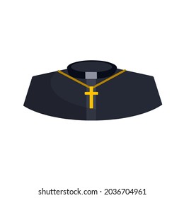 Catholic priest or preacher with gold cross on chain. Symbol of religion and church. Black Church clothes. Shirt with collar. Flat cartoon illustration