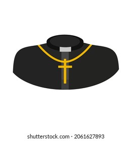 Catholic priest or preacher with gold cross on chain. Symbol of religion and church. Black Church clothes. Shirt with collar. Flat cartoon illustration