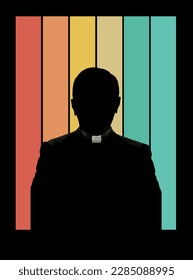 A Catholic priest is seen in a silhouette on a striped colored background. His white collar is seen in the silhouette to identify him as a priest. This is a vector.