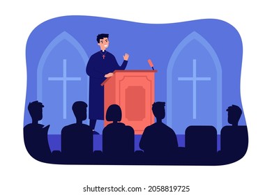 Catholic priest speaking on podium of church. Preaching of reverend father standing at tribune flat vector illustration. Religious speech concept for banner, website design or landing web page