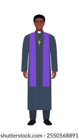 Catholic priest stands tall. African American catholic priest in a cassock with a cross. Vector illustration