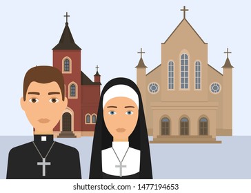 Catholic religion vector illustration. Pastor character and catholic nun with cross and cathedral or church isolated on white background. Christian religion of Catholisism