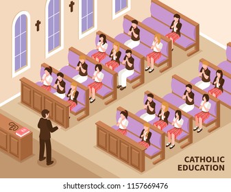 Catholic Religious Education Priest And Children During Praying In Church Isometric Vector Illustration