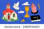 Catholic religious symbols. Various elements: chapel, praying hands, church cup, holy Bible, dove as holy spirit, cross. Faith, religion, communion concept. Isolated design elements. Cartoon style
