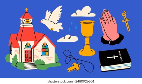 Catholic religious symbols. Various elements: chapel, praying hands, church cup, holy Bible, dove as holy spirit, cross. Faith, religion, communion concept. Isolated design elements. Cartoon style