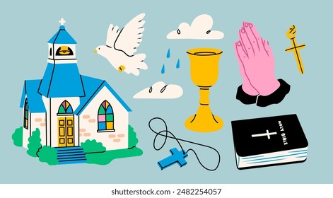 Catholic religious symbols. Various elements: chapel, praying hands, church cup, holy Bible, dove as holy spirit, cross. Faith, religion, communion concept. Isolated design elements. Cartoon style