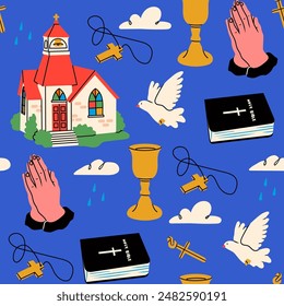 Catholic religious symbols. Various elements: chapel, praying hands, church cup, holy Bible, dove as holy spirit, cross. Faith, religion, communion concept. Square seamless Pattern, wallpaper