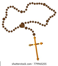 Catholic rosary beads with a golden cross all over a white background