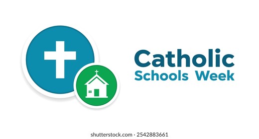 Semana de las Escuelas Católicas. Cruz y escuela. Ideal para tarjetas, Anuncios, carteles, redes sociales y más. El fondo blanco. 