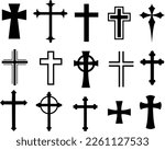 Catholic Symbols - Cross Christian icons. Vector line black christian cross set on white background