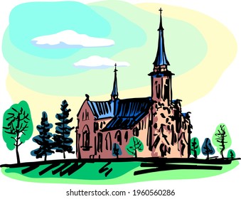 Catholic temple in the Gothic style. Panorama with trees on the background of the sky. Sketch in color.