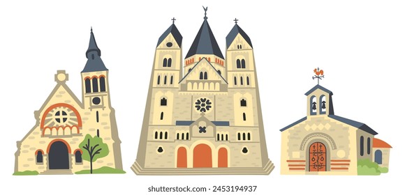 Catholic temples. Vector set of isolated elements.