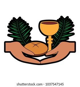 catholic tradition hand bread cup grail and palm branch vector illustration