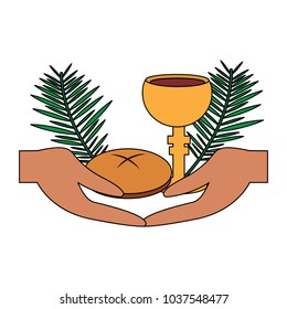 catholic tradition hand bread cup grail and palm branch vector illustration