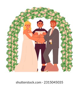 Catholic wedding vows flat concept vector spot illustration. Wedding couple holding hands 2D cartoon characters on white for web UI design. Church ceremony isolated editable creative hero image