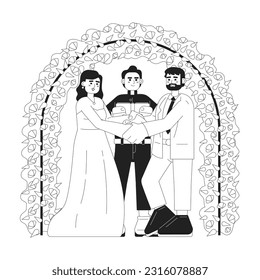 Catholic wedding vows monochrome concept vector spot illustration. Wedding couple holding hands 2D flat bw cartoon characters for web UI design. Church ceremony isolated editable hand drawn hero image