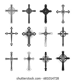 Catholicism and christian religion crosses. Set of isolated faith and peace, crucifix symbol. Jesus Christ and God divine sign, church symbol. Pray and faith, resurrection and religious, saint theme