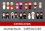 Catholicism. Pope, cardinal, bishop, priest, deacon, seminarian, monks, nuns and sisters. Cartoon characters. Vector illustration.