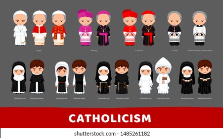 Catholicism. Pope, cardinal, bishop, priest, deacon, seminarian, monks, nuns and sisters. Cartoon characters. Vector illustration.