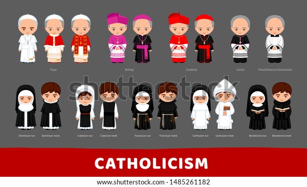 Catholicism. Pope, cardinal, bishop,\
priest, deacon, seminarian, monks, nuns and sisters. Cartoon\
characters. Vector\
illustration.