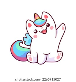 Caticorn-Charakter, isolierte Vektorgrafik unicorn Katzenfantasy Märchen Tier-Persönlichkeit winkend Pfoten. Kawaii Zauberkitty mit buntem Schwanz, Flügel und Horn willkommen oder Grußgeste. Funny magic kitten