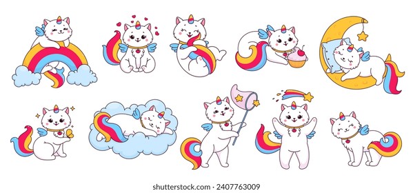 Caticorn characters, cartoon funny kitten cat unicorn, vector cute pet animals. Happy caticorn for baby stickers, magic dream and kids fantasy unicorn kitten with pink rainbow, clouds and love hearts