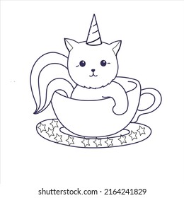 Caticorn Coloring page for kids  Cute Cartoon Animal , kawaii , cute cat unicorn Vector clip art illustration for children 