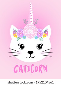 Caticorn - with floral headband wreath  - Cute Kitty drawing. Funny calligraphy for summer, spring holiday. Perfect for advertising, poster, kids clothes or greeting card. Beautiful unicorn cat.