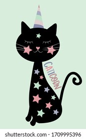 Caticorn funny text with cute black cat.
Good for poster, textile print, card, gift design.