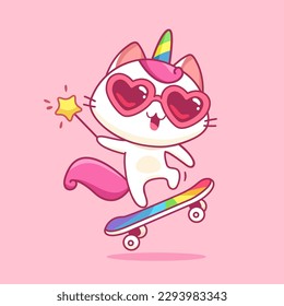 Caticorn ride on rainbow skateboard. Cute baby kitten or Cat Unicorn hold magic wand and skateboard - vector illustration. Baby Cat Unicorn cartoon character. Kids tee print design svg
