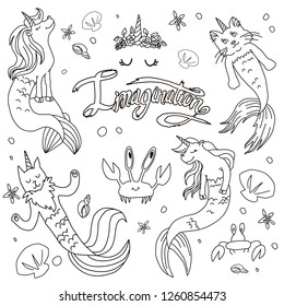 Caticorns and unicorns mermaid vector illustration, coloring page for kids