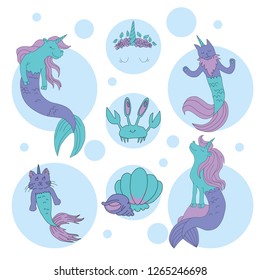 Caticorns and unicorns mermaid vector illustration