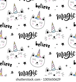 Caticorns. Vector Cat unicorn seamless pattern. Magical hand drawn cute kitty cartoon character. For kids fashion textile, birthday greeting card, baby shower design, wrapping paper.