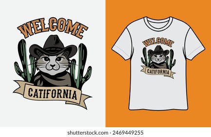 Diseño de la camiseta del gato del vaquero de California con la maqueta