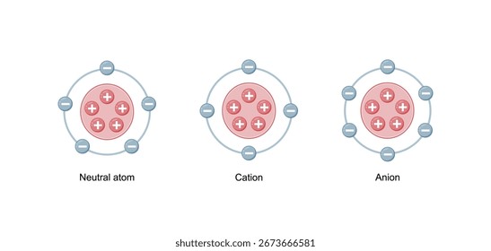 Cation and Anion Structure. Neutral atom. Scientific Design. Vector Illustration.