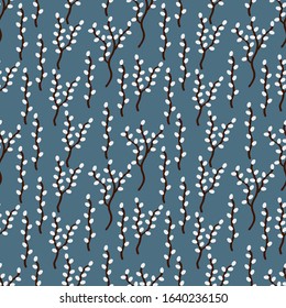 Catkins on willow branches seamless pattern. Spring texture. Vector illustration.