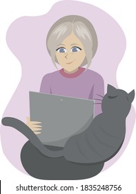 Cat-loving Elderly Woman Doing Some Online Shopping Or Browsing The Web. Grandma With A Black Cat Sitting On Her Lap Is Using Her Tablet Or Laptop. She's Wearing A Lilac Sweater. 