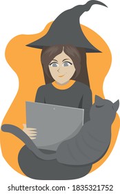 Cat-loving witch doing some online shopping or browsing the web. Sorceress with a black cat sitting on her lap is using her tablet or laptop. She's wearing black and orange dress. Halloween Vector.