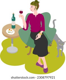 A cat-loving young woman drinking wine