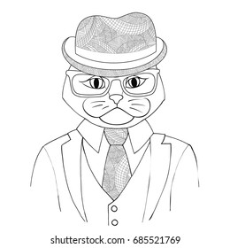 Catman boss in a suit with a tie vector illustration. A hybrid of man and cat Zen Tangle. Fashion portrait of a businesslike person in hat and glasses.