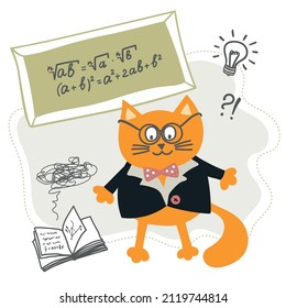 Cat-mathematician, cat-genius writes in chalk on a blackboard, mathematical symbols, book, eureka, inventions