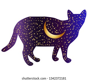 Cat-night. Cat silhouettes painted with a night sky with stars and a young moon