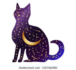 Cat-night. Cat silhouettes painted with a night sky with stars and a young moon