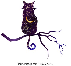Cat-night. Cat silhouettes painted with a night sky with stars and a young moon