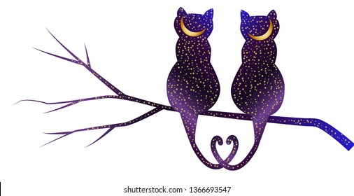 Cat-night. Cat silhouettes painted with a night sky with stars and a young moon